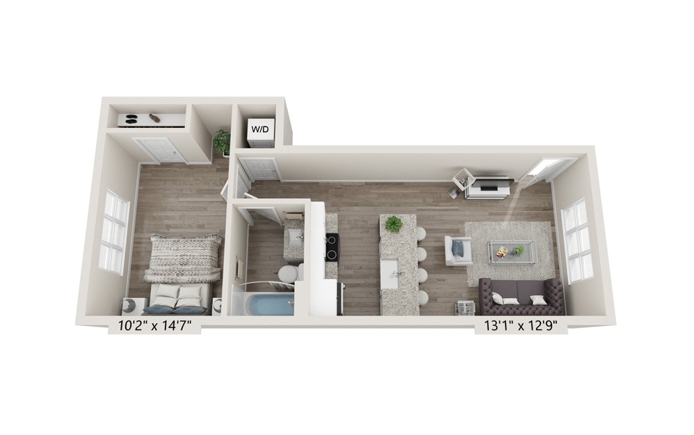 The Telfair - 1 bedroom floorplan layout with 1 bath and 675 square feet.