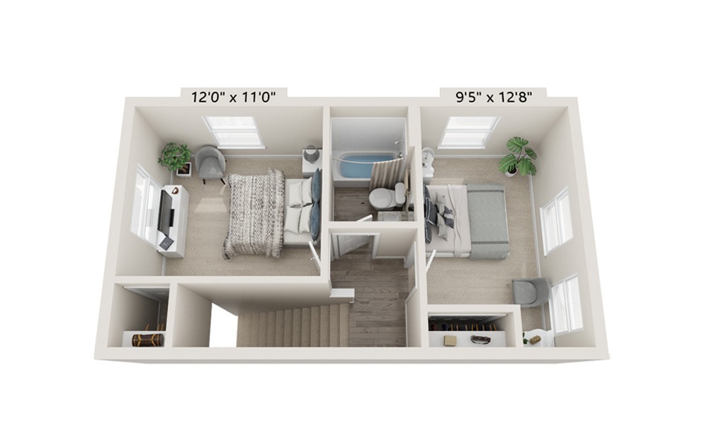 The Crescent - 2 bedroom floorplan layout with 1.5 bath and 940 square feet. (Floor 2)
